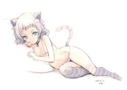 Rule 34 | 1girl, animal ears, bikini, cat ears, cat tail, collar, commentary request, flat chest, green eyes, kiya shii, looking at viewer, micro bikini, original, short hair, simple background, sketch, solo, striped clothes, striped thighhighs, swimsuit, tail, thighhighs, white background