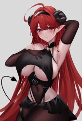 Rule 34 | 1girl, absurdres, arms behind head, azur lane, black headband, black horns, breasts, center cross lace, center frills, clothing cutout, covered navel, cowboy shot, curled horns, demon girl, demon tail, frills, hand on own chest, headband, heart, heart cutout, heart tail, highres, hindenburg (azur lane), horns, huge breasts, nanako94418108, red eyes, simple background, slit pupils, tail, underboob, underboob cutout