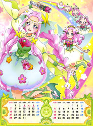 Rule 34 | 2017, 6+girls, absurdres, age progression, arm up, artist request, baby, blue skirt, boots, braid, bubble skirt, calendar, cure felice, earrings, flower, green eyes, green footwear, green ribbon, ha-chan (mahou girls precure!), hair flower, hair ornament, hanami kotoha, highres, jewelry, june, knee boots, leg ribbon, long hair, looking at viewer, magical girl, mahou girls precure!, may, multicolored eyes, multiple girls, multiple persona, official art, pink eyes, pink hair, precure, rainbow, ribbon, shoes, short hair, skirt, smile, standing, standing on one leg, twin braids, wand, white skirt