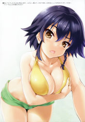 Rule 34 | 10s, 1girl, absurdres, bikini, black hair, blush, breast hold, breasts, brown eyes, cle masahiro, girls und panzer, green shorts, highres, large breasts, open mouth, pepperoni (girls und panzer), short hair, short shorts, shorts, solo, swimsuit, wide hips