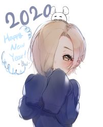 Rule 34 | 1girl, 2020, animal, animal ear fluff, animal on head, black shirt, blush, brown eyes, brown hair, cheli (kso1564), commentary request, ear piercing, hair over one eye, hands up, happy new year, highres, idolmaster, idolmaster cinderella girls, long sleeves, looking at viewer, mouse (animal), new year, on head, parted lips, piercing, shirasaka koume, shirt, simple background, sleeves past fingers, sleeves past wrists, solo, upper body, white background