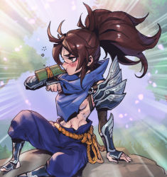 Rule 34 | 1girl, armor, blue scarf, blush, breasts, brown hair, commentary, drinking, english commentary, from side, genderswap, genderswap (mtf), league of legends, medium breasts, navel, no bra, outdoors, pants, phantom ix row, ponytail, profile, scarf, shiny skin, shoes, shoulder plates, sideboob, sitting, yasuo (league of legends)