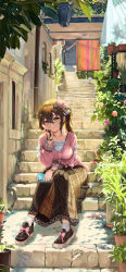 Rule 34 | 1girl, absurdres, blush, breasts, brown eyes, brown hair, brown skirt, cellphone, city, collarbone, commentary request, day, full body, glasses, hair between eyes, hand on own cheek, hand on own face, head rest, highres, holding, holding phone, hololive, huge filesize, iphone, large breasts, long hair, long skirt, long sleeves, looking at viewer, outdoors, phone, pink shirt, plant, potted plant, semi-rimless eyewear, shirt, shoes, skirt, smartphone, smile, snarkhunt, solo, stairs, tokino sora, tokino sora (casual), virtual youtuber, wristband
