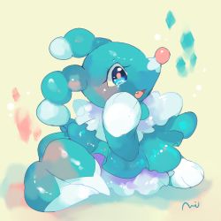 Rule 34 | artist name, blue eyes, brionne, creatures (company), crying, fang, full body, game freak, gen 7 pokemon, green background, lowres, mi (prism0316), nintendo, no humans, open mouth, pokemon, pokemon (creature), pokemon sm, shiny skin, signature, simple background, sitting, solo, tail, tears, teeth, text focus