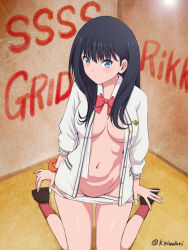 Rule 34 | 10s, 1girl, black hair, blue eyes, blush, breasts, breasts apart, closed mouth, commentary request, gridman universe, inner sideboob, kneeling, long hair, looking at viewer, medium breasts, navel, niwatori kokezou, open clothes, open shirt, panties, panty pull, shiny skin, shirt, solo, ssss.gridman, takarada rikka, underwear, white panties, white shirt