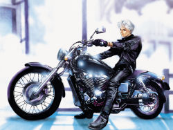 Rule 34 | 1boy, boots, bracelet, gloves, homare (fool&#039;s art), jacket, jewelry, k&#039; (kof), leather, leather jacket, leather pants, male focus, motor vehicle, motorcycle, pants, sitting, snk, solo, the king of fighters, white hair