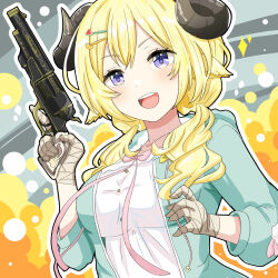 1girl bandaged_hand bandages blonde_hair blue_eyes breasts camisole collarbone commentary_request daiichi_(1279220) green_jacket gun highres holding holding_gun holding_weapon hololive hood hooded_jacket horns jacket large_breasts long_hair open_mouth see-through_clothes see-through_camisole sheep_girl sheep_horns smile solo teeth trigger_discipline tsunomaki_watame upper_body upper_teeth_only virtual_youtuber weapon white_camisole