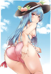 Rule 34 | 1girl, ass, bikini, black hat, blue hair, blue sky, breasts, closed mouth, cloud, cloudy sky, day, food, frilled bikini, frills, from behind, fruit, hat, hinanawi tenshi, leaning forward, long hair, looking at viewer, looking back, medium breasts, peach, pink bikini, red eyes, sky, solo, string bikini, swimsuit, touhou, yuhito (ablbex)