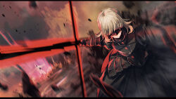 Rule 34 | 1girl, armor, artoria pendragon (all), artoria pendragon (fate), black dress, blonde hair, blurry, blurry background, dress, dutch angle, excalibur morgan (fate), facing viewer, fate/stay night, fate (series), gauntlets, holding, holding weapon, juliet sleeves, letterboxed, long sleeves, puffy sleeves, saber alter, satoimo (3311 mi), short hair, solo, weapon