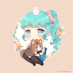 Rule 34 | 1girl, animal, animal on head, animal on lap, aqua hair, bad id, bad pixiv id, black footwear, black pantyhose, blue eyes, blue skirt, blush, brown background, brown shirt, cat, cat on lap, chibi, closed mouth, commentary request, copyright request, foreign blue, hair ornament, long hair, long sleeves, looking at viewer, on head, on lap, pantyhose, polka dot, polka dot background, rabbit, rabbit on head, shirt, side ponytail, sidelocks, sitting, skirt, smile, solo, watermark, web address