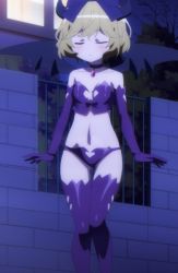 Rule 34 | 10s, 1girl, blonde hair, blush, boots, breasts, breasts apart, choker, cleavage cutout, closed eyes, clothing cutout, dark, demon girl, demon horns, demon tail, demon wings, elbow gloves, elly (tonari no kyuuketsuki-san), gloves, highres, horns, latex, latex boots, midriff, navel, outdoors, short hair, side cutout, small breasts, solo, stitched, stomach, tail, thigh boots, thighhighs, third-party edit, tonari no kyuuketsuki-san, wide hips, wings