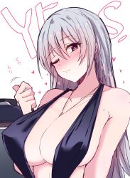 Rule 34 | 1girl, alternate costume, azur lane, bare shoulders, black dress, blush, breasts, cleavage, closed mouth, dress, evening gown, hair between eyes, heart, heart-shaped pupils, highres, himiya jouzu, jewelry, large breasts, long hair, looking at viewer, mole, mole under eye, necklace, one eye closed, revealing clothes, silver hair, smile, sovetskaya rossiya (azur lane), symbol-shaped pupils, upper body