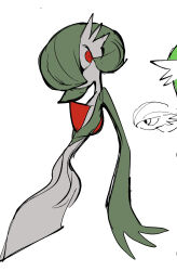Rule 34 | 1girl, colored skin, creatures (company), female focus, flat chest, flat color, from side, game freak, gardevoir, gen 3 pokemon, green skin, highres, looking back, multicolored skin, multiple views, nintendo, no mouth, pokemon, pokemon (creature), red eyes, simple background, sketch, tem (tem konp10), two-tone skin, white background, white skin, wide-eyed