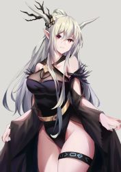 Rule 34 | 1girl, absurdres, arknights, black one-piece swimsuit, breasts, cleavage, elf, grey background, highres, horns, long hair, looking at viewer, madao, medium breasts, official alternate costume, one-piece swimsuit, pointy ears, ponytail, red eyes, shining (arknights), shining (silent night) (arknights), silver hair, solo, swimsuit, thigh strap, thighs, tree