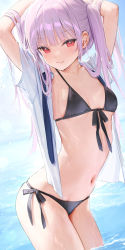 Rule 34 | 1girl, armpits, arms up, bikini, black bikini, blush, breasts, cleavage, commentary request, long hair, looking at viewer, mignon, navel, original, outdoors, partially submerged, pink hair, red eyes, short sleeves, side-tie bikini bottom, small breasts, smile, swimsuit, thighs, twintails, water
