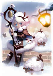 Rule 34 | 1girl, bell, black ribbon, blue background, blue eyes, boots, brown capelet, brown dress, brown footwear, brown gloves, capelet, cookie run, cotton boll, cotton cookie, dress, fingerless gloves, full body, fur-trimmed dress, fur-trimmed sleeves, fur hat, fur trim, gloves, hat, hat ribbon, highres, holding, holding lantern, holding staff, humanization, knee boots, lantern, long sleeves, looking at viewer, osafune ai, parted lips, ribbon, sheep, shepherd, shepherd&#039;s crook, short bangs, short hair, sitting, smile, snowing, solo, staff, standing, standing on one leg, white hair