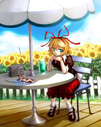 Rule 34 | 1girl, alternate costume, ankle socks, bikini, blonde hair, blouse, blue eyes, blue sky, chair, cloud, day, doll joints, fence, flower, food, grass, hair ribbon, head rest, highres, ice cream, ice cream float, interlocked fingers, joints, lily of the valley, looking at viewer, mary janes, medicine melancholy, open mouth, outdoors, puffy short sleeves, puffy sleeves, radio, ribbon, shade, shirt, shoes, short hair, short sleeves, skirt, sky, socks, solo, spark621, su-san, sunbathing, sunflower, sunglasses, swimsuit, table, touhou, umbrella, v, wooden floor