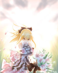 Rule 34 | 1girl, armor, armored dress, artoria pendragon (fate), blonde hair, bouquet, capcom, dress, fate/stay night, fate/unlimited codes, fate (series), flower, green eyes, highres, ponytail, ribbon, saber (fate), saber lily, sky, solo, ysrandy