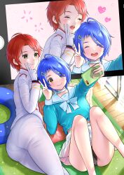 Rule 34 | 2girls, ahoge, arona (blue archive), arona (blue archive) (cosplay), ass, blue archive, blue hair, blush, breasts, cellphone, commission, cosplay, from behind, gloves, green eyes, highres, legs, legs up, marina (blue archive), marina (blue archive) (cosplay), medium breasts, military, military uniform, multiple girls, ooto ai, open mouth, original, pants, pantylines, phone, pixiv commission, red hair, sawaki momoe, selfie, short hair, sideboob, small breasts, smile, thick thighs, thighs, tight clothes, tight pants, uniform, v