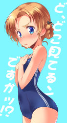 Rule 34 | 10s, 1girl, black bow, blonde hair, blue background, blue eyes, blue one-piece swimsuit, blush, bow, braid, closed mouth, commentary request, embarrassed, french braid, girls und panzer, hair bow, highres, kuzuryuu kennosuke, looking at viewer, one-piece swimsuit, orange pekoe (girls und panzer), short hair, simple background, solo, swimsuit, translation request, wavy mouth