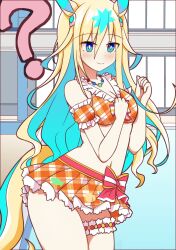 Rule 34 | 1girl, ?, ahoge, alternate costume, animal ears, armlet, bead necklace, beads, bikini, blonde hair, blue eyes, blue hair, breasts, cleavage, clenched hands, closed mouth, colored inner hair, commentary request, cosplay, cowboy shot, hair between eyes, highres, horse ears, horse girl, horse tail, jewelry, long hair, looking at viewer, multicolored hair, navel, necklace, neo universe (umamusume), plaid, plaid bikini, pool, small breasts, smile, solo, special week (hopping vitamin heart) (umamusume), special week (umamusume), special week (umamusume) (cosplay), streaked hair, swimsuit, tail, thigh strap, umamusume, very long hair, wahiko (black bastard)