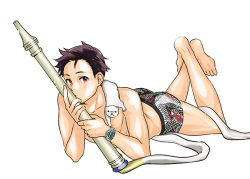 Rule 34 | 10s, 1boy, :&lt;, akuno hideo, animal, animal on shoulder, ass, barefoot, black hair, blush, boxer briefs, brown eyes, dragon print, feet, ferret, from side, full body, holding, hookah, hose, idolmaster, idolmaster side-m, kimura ryu, crossed legs, legs up, looking at viewer, lying, male focus, male underwear, on stomach, red eyes, topless male, short hair, simple background, solo, spiked hair, the pose, toes, underwear, underwear only, watch, wet, white background, wristwatch, youhe hino