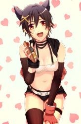 Rule 34 | 10s, 1girl, :d, animal ears, black hair, black shorts, black sleeves, black thighhighs, bra, breasts, cat ears, cleavage, collarbone, cowboy shot, fingerless gloves, gloves, god eater, god eater 2: rage burst, hair between eyes, hair ornament, hand on own knee, heart, heart background, kouzuki nana, leaning forward, looking at viewer, medium breasts, nanami kazusa, navel, open mouth, red eyes, red gloves, shiny skin, short hair, short shorts, shorts, smile, solo, standing, striped clothes, striped sleeves, striped thighhighs, thigh strap, thighhighs, underwear, white background, white bra, x hair ornament