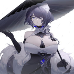 Rule 34 | 1girl, absurdres, arknights, bare shoulders, black choker, black dress, black gloves, breasts, choker, dress, earrings, elbow gloves, eyepatch, gloves, hair ornament, hairclip, highres, holding, holding umbrella, jewelry, large breasts, long hair, looking at viewer, official alternate costume, oil-paper umbrella, one eye covered, parted lips, purple eyes, purple hair, shibuya (kurokamishain), simple background, single earring, solo, umbrella, underbust, upper body, whisperain (arknights), whisperain (tremble cold) (arknights), white background, x hair ornament