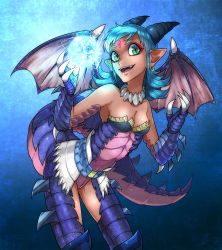 Rule 34 | 1girl, blue background, blue hair, breasts, claws, cleavage, dragon girl, dragon tail, dragon wings, earrings, eyelashes, fangs, glowing, gradient background, green eyes, happy, horns, jewelry, leaning forward, leotard, long hair, looking at viewer, magic, monster girl, muscular, open mouth, original, pointy ears, simple background, skin tight, smile, solo, tail, ttknok, wings