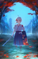 Rule 34 | 1boy, absurdres, antenna hair, architecture, azna, building, closed mouth, commentary request, detached sleeves, east asian architecture, genshin impact, hair between eyes, hakama, highres, holding, holding sword, holding weapon, japanese clothes, kaedehara kazuha, leaf, leaf print, looking at viewer, male focus, multicolored hair, outdoors, pantyhose, ponytail, red eyes, red hair, red pantyhose, single detached sleeve, solo, standing, streaked hair, sword, tree, wading, water, weapon, white hair, wide sleeves