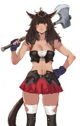 Rule 34 | 1girl, animal ears, axe, bare shoulders, blue eyes, blue gloves, breasts, brown hair, cat ears, cat tail, cleavage, collarbone, commentary request, dark-skinned female, dark skin, facial mark, final fantasy, final fantasy xiv, fingerless gloves, gloves, hand on own hip, highres, holding, lips, long hair, looking at viewer, makimura shunsuke, medium breasts, midriff, miqo&#039;te, navel, pleated skirt, simple background, skirt, smile, solo, standing, strapless, tail, thighhighs, tube top, weapon, white background, zettai ryouiki