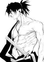 Rule 34 | 1boy, abs, bare pectorals, bare shoulders, black hair, closed mouth, collarbone, earbuds, earphones, greyscale, highres, japanese clothes, katana, katana zero, kimono, looking away, male focus, manly, monochrome, navel, nipples, ogata tomio, pectorals, ponytail, profile, sheath, sheathed, short hair, simple background, sketch, solo, stomach, sword, toned, toned male, upper body, weapon, zero (katana zero)