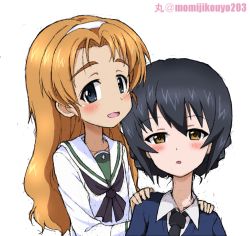 Rule 34 | 2girls, alternate hairstyle, artist name, black hair, black neckwear, blouse, blue eyes, blue sweater, braid, brown eyes, commentary, cosplay, costume switch, dress shirt, girls und panzer, hair down, hair up, hairband, half-closed eyes, hands on another&#039;s shoulders, kayabakoro, light smile, long hair, long sleeves, looking at viewer, multiple girls, neckerchief, necktie, one-hour drawing challenge, ooarai school uniform, open mouth, orange hair, orange pekoe (girls und panzer), parted bangs, reizei hisako, reizei mako, school uniform, serafuku, shirt, short hair, simple background, sitting, sketch, smile, st. gloriana&#039;s school uniform, standing, sweater, twin braids, twitter username, v-neck, white background, white hairband, white shirt, wing collar