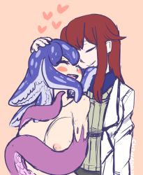 Rule 34 | 2girls, artist name, blush, blush stickers, breasts, chinad011, closed eyes, awawa (mon-musu quest!), hand on another&#039;s head, headpat, heart, lab coat, large breasts, long hair, mon-musu quest!, monster girl, mother and daughter, multiple girls, nipples, open mouth, pale skin, pink background, promestein, red hair, sidelocks, simple background, smile, tentacle hair, tentacles