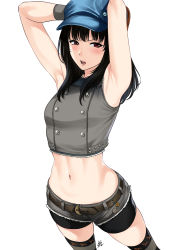 Rule 34 | 1girl, armpits, arms up, badge, bare shoulders, belt, bike shorts, bike shorts under shorts, black hair, blue hat, blush, breasts, brown eyes, buttons, cabbie hat, commentary, cowboy shot, crop top, cutoffs, denim, denim shorts, final fantasy, final fantasy vii, final fantasy vii remake, frown, grey shirt, grey shorts, hat, highres, kyrie canaan, medium hair, micro shorts, midriff, navel, open mouth, shirt, short shorts, shorts, simple background, sleeveless, sleeveless shirt, small breasts, solo, stomach, thighhighs, v-shaped eyebrows, xter