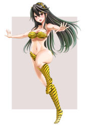 Rule 34 | absurdres, animal print, bikini, black hair, breasts, brown eyes, cleavage, cosplay, full body, grey background, hair ornament, hairband, hairclip, haruna (kancolle), highres, horns, kantai collection, large breasts, long hair, lum, lum (cosplay), outstretched arms, skypixter, swimsuit, tiger print, tiger stripes, two-tone background, urusei yatsura, yellow bikini, yellow footwear, yellow hairband