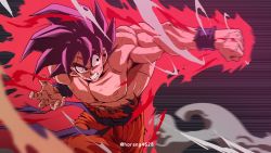 Rule 34 | 1boy, absurdres, aura, battle damage, black eyes, clenched teeth, dragon ball, dragonball z, highres, horang4628, kaiouken, male focus, muscular, muscular male, punching, sash, solo, son goku, teeth, topless male, torn clothes, wristband