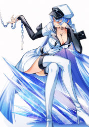 Rule 34 | 1girl, akame ga kill!, bad id, bad twitter id, black panties, blue eyes, blue hair, blush, boots, breasts, buttons, chain, chest tattoo, cleavage, cluseller, crossed legs, esdeath, eyelashes, grin, hair between eyes, hair intakes, hand on own cheek, hand on own face, hands up, hat, high heel boots, high heels, highres, holding, holding chain, ice, large breasts, leaning forward, long hair, long legs, looking to the side, military, military uniform, nose blush, outstretched arm, panties, pantyshot, peaked cap, simple background, sitting, smile, solo, tattoo, thigh boots, thighhighs, thighs, underwear, uniform, very long hair, white background, white footwear, white hat