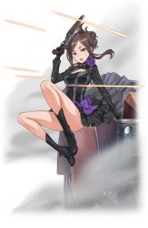 Rule 34 | 1girl, :o, black footwear, black gloves, black skirt, boots, bow, breasts, brown hair, bullet, car, cleavage, dorothy (princess principal), full body, gloves, gun, highres, holding, holding gun, holding weapon, jpeg artifacts, long hair, looking at viewer, midair, motor vehicle, official art, princess principal, princess principal game of mission, purple bow, purple eyes, skirt, solo, transparent background, weapon