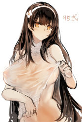 Rule 34 | 1girl, bad id, bad pixiv id, bare arms, bare shoulders, blunt bangs, blush, breasts, brown hair, character name, closed mouth, clothes lift, covered erect nipples, flower, girls&#039; frontline, hair flower, hair ornament, hairband, highres, large breasts, long hair, looking at viewer, midriff, navel, no bra, no pupils, orange eyes, see-through, sketch, sleeveless, solo, stomach, suru (ksoo420), type 95 (girls&#039; frontline), underboob, very long hair, wet, wet clothes, white hairband