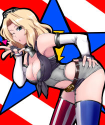 Rule 34 | 10s, 1girl, american flag legwear, belt, belt buckle, bent over, black gloves, blonde hair, blowing kiss, blue eyes, blue shirt, breasts, buckle, cleavage, cosplay, cowboy shot, crop top, diagonal stripes, elbow gloves, fingerless gloves, front-tie top, garter straps, girls und panzer, gloves, grey skirt, hair intakes, hand on own ass, headgear, heart, iowa (kancolle), iowa (kancolle) (cosplay), kantai collection, kay (girls und panzer), large breasts, lightning bolt symbol, long hair, looking at viewer, microskirt, one eye closed, parted lips, print thighhighs, red background, shirt, skirt, sleeveless, sleeveless shirt, solo, standing, star (symbol), striped, striped background, thighhighs, white gloves, yuutai