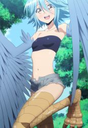 Rule 34 | 10s, 1girl, absurdres, bare shoulders, blue hair, breasts, harpy, highres, monster girl, monster musume no iru nichijou, navel, open mouth, outdoors, papi (monster musume), screencap, short hair, shorts, small breasts, smile, solo, stitched, third-party edit, tree, wings