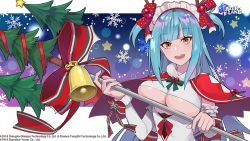 Rule 34 | 1girl, aqua hair, azur lane, bell, blunt bangs, bow, bowtie, breasts, capelet, center opening, christmas, christmas tree, cleavage, copyright name, detached sleeves, eyelashes, fake antlers, fur trim, green bow, green bowtie, hair bow, lam (ramdayo), large breasts, long hair, long sleeves, looking at viewer, lower teeth only, maid headdress, mistletoe, neptune (azur lane), neptune (princess of the reindeers) (azur lane), open mouth, orange eyes, outside border, polearm, short twintails, smile, snowflake background, solo, star (symbol), teeth, trident, twintails, two side up, underboob, upper body, upper teeth only, watermark, weapon