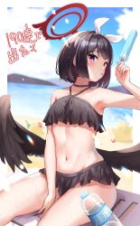 Rule 34 | 1girl, armpits, beach, bikini, black bikini, black hair, black wings, blue archive, blue sky, blurry, blush, bottle, breasts, commentary request, day, depth of field, feathered wings, food, frilled bikini, frills, halo, headband, highres, holding, holding food, holding popsicle, kry oekk, looking at viewer, mashiro (blue archive), mashiro (swimsuit) (blue archive), navel, ocean, official alternate costume, outdoors, partial commentary, popsicle, purple eyes, red halo, short hair, sitting, sky, small breasts, solo, sweat, swimsuit, tongue, tongue out, translation request, water bottle, winged halo, wings