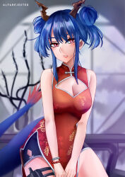Rule 34 | 1girl, absurdres, alfarejected, arknights, bare arms, bare shoulders, bead bracelet, beads, black shorts, blue hair, blush, bracelet, breasts, ch&#039;en (ageless afterglow) (arknights), ch&#039;en (arknights), china dress, chinese clothes, cleavage, cleavage cutout, clothing cutout, commentary, double bun, dragon horns, dragon tail, dress, hair bun, highres, horns, jewelry, large breasts, long hair, looking at viewer, parted lips, pink eyes, red dress, shorts, sidelocks, sleeveless, sleeveless dress, solo, tail, thigh strap, thighs