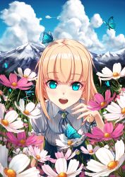 Rule 34 | 1girl, :d, belt, blonde hair, blue eyes, blunt bangs, blush, bug, butterfly, cloud, day, female focus, flower, grass, highres, insect, long hair, looking at viewer, mountain, nature, open mouth, original, phantania, river, scenery, shirt, short sleeves, sky, smile, solo, tall grass