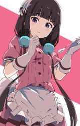 Rule 34 | 1girl, absurdres, apron, black hair, blend s, blush stickers, breasts, collared shirt, commentary, dress shirt, english commentary, food on clothes, frilled apron, frills, gloves, head scarf, highres, holding, holding spoon, long hair, low twintails, parted lips, pink background, pink shirt, pink skirt, pleated skirt, puffy short sleeves, puffy sleeves, purple eyes, rauto, sakuranomiya maika, shirt, short sleeves, skirt, small breasts, solo, spoon, stile uniform, twintails, two-tone background, uniform, very long hair, waist apron, waitress, white apron, white background, white gloves