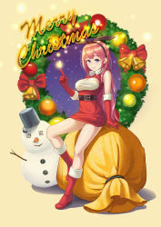 Rule 34 | 1girl, bell, belt, blue eyes, boots, breasts, bucket, c-eye, christmas, christmas ornaments, cleavage, cleavage cutout, clothing cutout, flower, full body, gloves, hairband, highres, index finger raised, large breasts, looking at viewer, merry christmas, pink hair, poinsettia, red footwear, red gloves, sack, santa gloves, sitting, snowflakes, snowman, solo, wreath