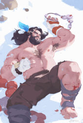 Rule 34 | 1boy, absurdres, arm hair, armpit hair, armpits, bandaged arm, bandages, bara, beard, blood, chest hair, facial hair, fat, fat man, from above, hairy, highres, injury, knee up, large feet, large hands, large pectorals, league of legends, leg hair, long hair, looking up, love handles, lying, male focus, mature male, muscular, muscular male, navel hair, nipples, on back, pants, pectorals, qchbtb, sideburns, solo, spread legs, stomach, strongman waist, thick thighs, thighs, topless male, torn clothes, torn pants, udyr, w