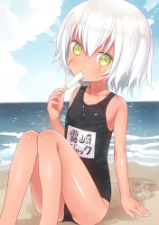 Rule 34 | 1girl, artist name, beach, black one-piece swimsuit, capriccio, closed mouth, day, eating, facial scar, fate/apocrypha, fate (series), flat chest, food, green eyes, heart, jack the ripper (fate/apocrypha), looking at viewer, one-piece swimsuit, outdoors, popsicle, scar, scar across eye, scar on cheek, scar on face, school swimsuit, short hair, signature, sitting, solo, swimsuit, tan, tanline, white hair
